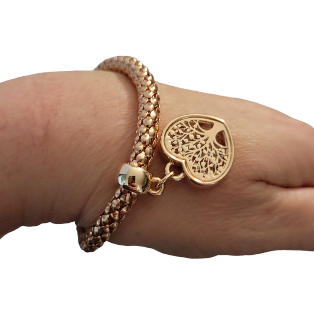 Rose Gold Tone Bracelet Tree Of Life Heart Charm